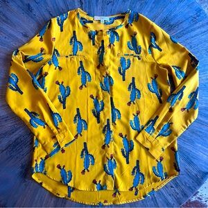Ovi Women’s Yellow Cactus Print Blouse, Long Sleeve‎ Button Down, Small